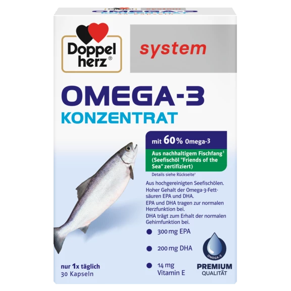 Abbildung der Produktverpackung Doppelherz system OMEGA-3 KONZENTRAT Frontansicht
